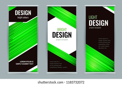 Bright Roll-up banner with emerald lines on dark background. Set vertical banners with empty place for text. Design Abstract vector graphic background.