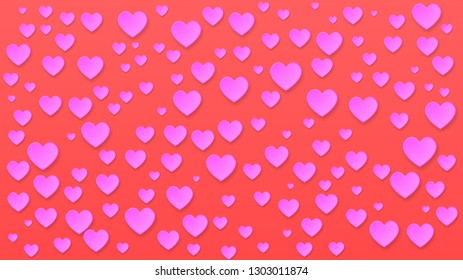 Bright romantic background. Paper craft pink hearts isolated at red backdrop. 