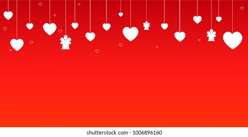 Bright romantic banner of confetti hearts and angels on a red background.