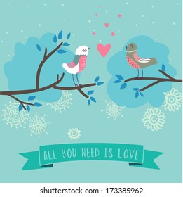 Bright romantic card with birds in leafs. Can be used for wedding invitation.