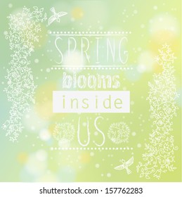 Bright romantic card in vector. Stylish background made of flowers and bokeh effect