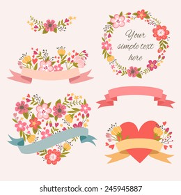 Bright romantic collection with labels, ribbons, hearts, flowers. Graphic set in retro style. 