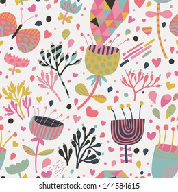Bright romantic floral background with flowers and butterflies