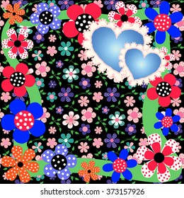 Bright romantic floral background with pretty flowers and hearts. This image can be used for a greeting card, valentine or the wedding invitation