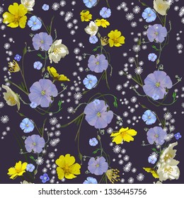 Bright romantic floral pattern with field plants. Seamless vector. Botanical motifs of blue, yellow and white tones are arranged vertically on a purple background. For textiles, wallpaper