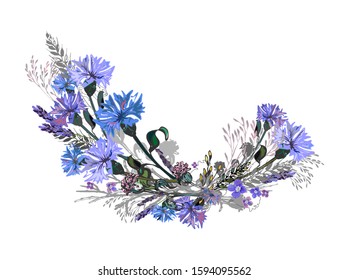 Bright romantic floristic composition of flowers of cornflowers, ears and field herbs. Plants are collected in a semicircle on a white background. Isolated vector for print, textile, postcards.