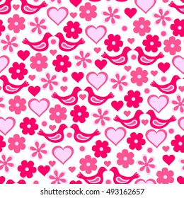 Bright romantic pattern. Flowers, hearts, birds. Vector illustration.