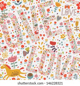 Bright romantic seamless pattern with Love words, flowers, hearts, and horses. Seamless pattern can be used for wallpapers, pattern fills, web page backgrounds, surface textures.