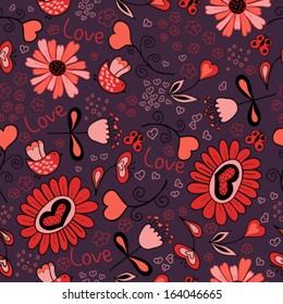 Bright romantic seamless pattern with Love words, flowers, hearts, and horses. Seamless pattern can be used for wallpapers, pattern fills, web page backgrounds, surface textures. 