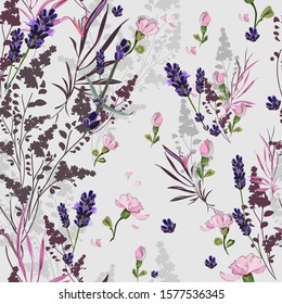 Bright romantic seamless pattern with many wildflowers on a light gray background with small pink flowers. Elements are arranged vertically, randomly. Vector for textile, wallpaper, tile