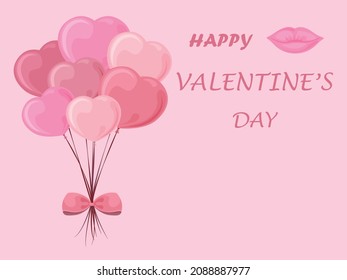 A bright romantic Valentine s day card with a picture of balloons in the form of hearts, lips and a congratulatory inscription. Happy Valentine s Day greeting flyer. Vector illustration