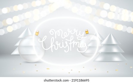 Bright Room With Christmas Elements And Lettering Inscription. MerryChristmas. 3d Vector Illustration 