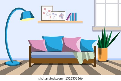Bright room design with bed and window. Vector illustration of flat style.