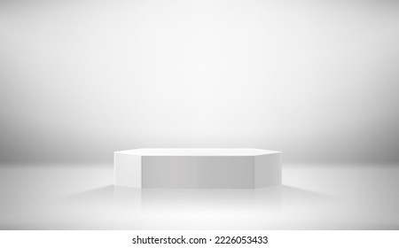 Bright room with ngon podium. Realistic showcase. 3d style vector illustration