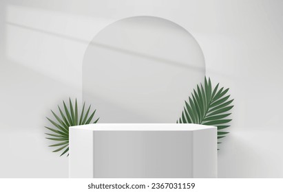 Bright room with portal, podiums and green leaves. Product showcase template. 3d vector background