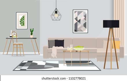 Bright room with white sofa, table, pattern carpet and lamp Vector illustration.