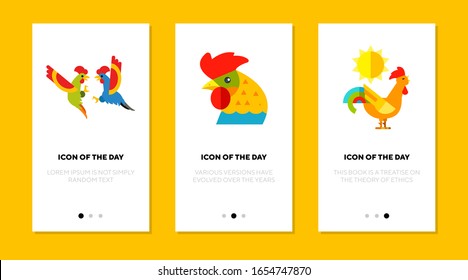 Bright rooster flat icon set. Beak, bird, animal isolated vector sign pack. Wildlife and nature concept. Vector illustration symbol elements for web design and apps