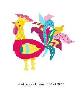 Bright rooster in pixels. Colorful illustration isolated on white.