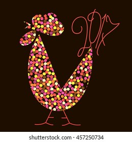 the bright rooster and red text 