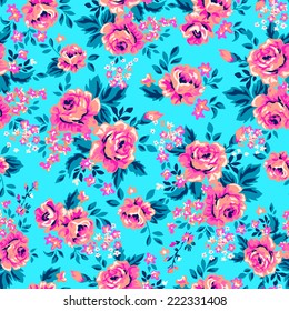 Bright roses on blue ~ seamless background