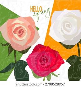 Bright roses in peach, red, and white tones featuring a distinct crumpled paper effect. A light and festive composition perfect for greeting cards and celebratory designs