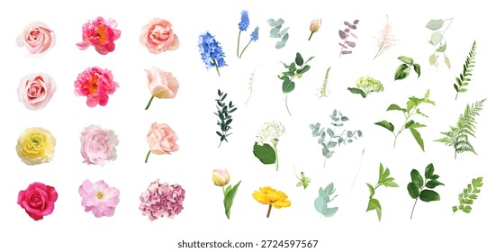 Rosas brillantes, peonía rosa, hortensia, tulipanes, ranúnculos, vegetación y ramas Vector floral de Pascua conjunto grande. Acuarela de colores llamativos. Jardín floreciente. Florales de primavera. Los Elementos son aislados y editables