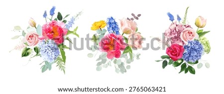 Bright roses, pink peony, hydrangea, tulips, ranunculus, greenery and branches floral vector bouquets. Bold colored watercolor. Blooming garden. Spring florals. Elements are isolated and editable