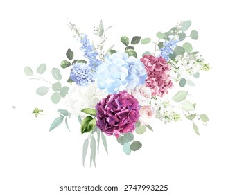 Bright roses, white lilac, hydrangea, hyacinth, ranunculus, greenery and branches floral vector bouquet. Bold colored watercolor. Blooming garden. Spring florals. Elements are isolated and editable