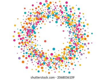 Bright Round Abstract Vector  White Background. Celebrate Rain Backdrop. Independence Shine Texture. Rainbow Dot Effect Postcard.