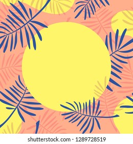 Bright round banner of coral and blue fern. tropical vector illustration