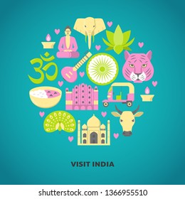 Bright round banner with India national symbols in flat style and place for text. Vector illustration.