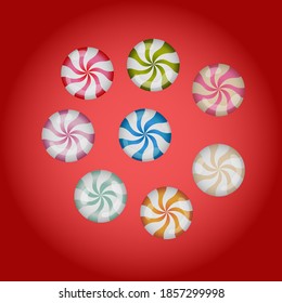 Bright round caramel sugar candies vector illustration. Candies isolated, printable, multicolored.