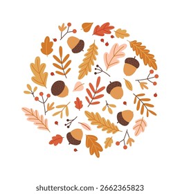 Composición redonda brillante con bellotas, hojas de otoño coloridas, bayas y ramitas. Paleta cálida en tonos rojo-naranja-amarillo. Perfecto para el diseño de otoño, tarjetas, estampados, embalaje y decoraciones. VECTOR I