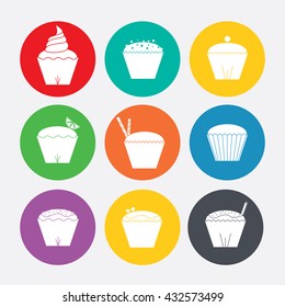 Bright round cupcakes icons vector .Cake sign icons. Cake icons vector. Web buttons with cupcakes. 