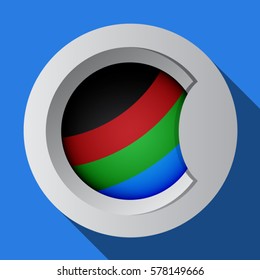 Bright round door of the washing machine on a blue background. Laundry service icon.