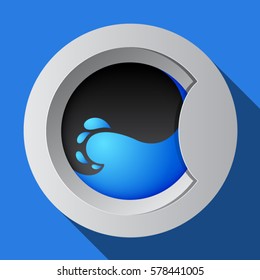 Bright round door of the washing machine on a blue background. Laundry service icon.

