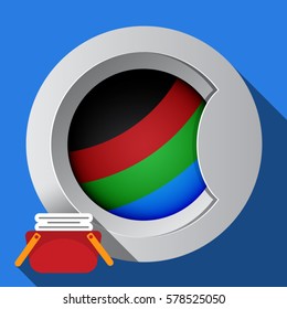 Bright round door of the washing machine on a blue background. Red basket with linens. Laundry service icon.