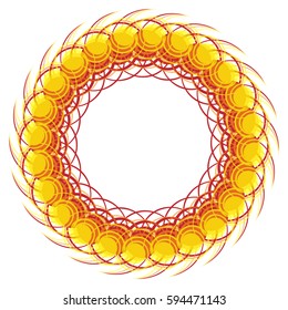 Bright round frame. Background of intersecting lines. Dynamic image of thread. Sunny backdrop for text. Dynamic twisted wreath.