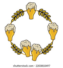 Bright round frame, copy space, glass mug with foam drink, ripe ears, vector illustration in cartoon style on a white background