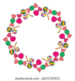 Bright round frame made of sweet lollipops, caramel and candies. Circular candy border. Vector element