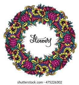 Bright round frame with wreath of flowers. Hand-drawn illustration. Vector.