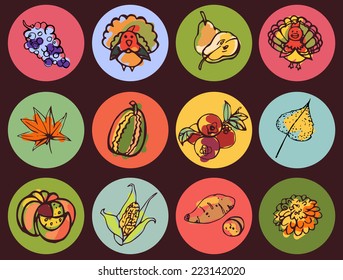 Bright round icons Thanksgiving in style color sketch/Thanksgiving Day Icons in Style Color Sketch