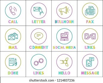 Bright round linear icons with special symbols set. Calling and message or information exchange outline elements cartoon flat vector illustrations.