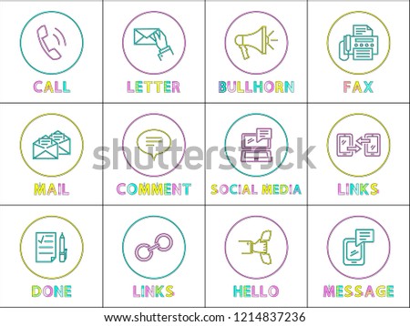Bright round linear icons with special symbols set. Calling and message or information exchange outline elements cartoon flat vector illustrations.