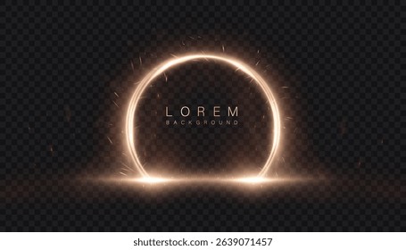 Bright round magic portal arch with golden glow and sparkle effects on transparent dark background. Vector PNG