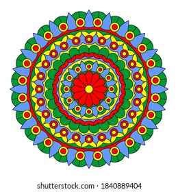 Bright round mandala with floral and geometric patterns. Vector design.