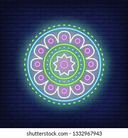 Bright round mandala pattern neon sign. Yoga and meditation concept design. Night bright neon sign, colorful billboard, light banner. Vector illustration in neon style.