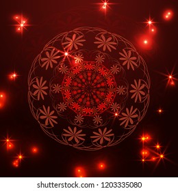 Bright round ornament on a shining dark background. Flower pattern. Element for design. Vector illustration.