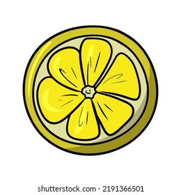 Bright round slice of lemon, ingredients for making tea, cocktails, pastries, vector illustration in cartoon style on a white background