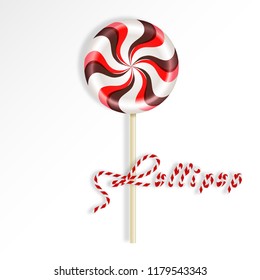 Bright round striped red brown lollipop. Berry and chocolate candy on a stick. Realistic Vector illustration isolated on white background